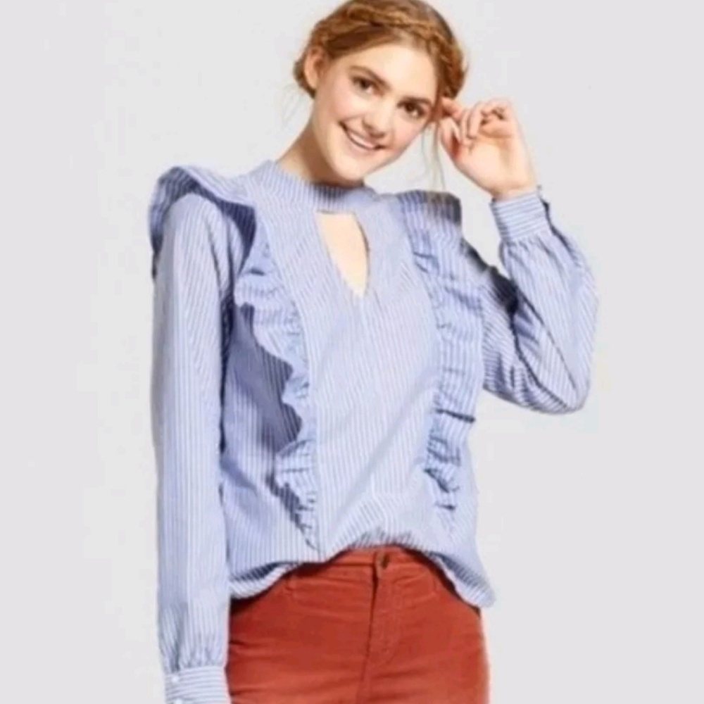 NWT Blue and White Ruffle Blouse